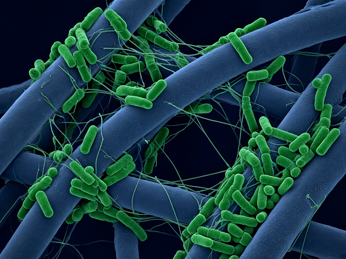 Electron micrograph style view of Geobacter biofilm on carbon fibres