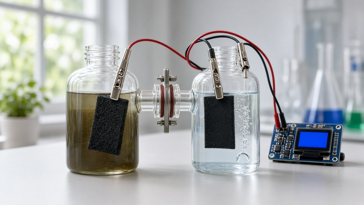 Two-chamber microbial fuel cell glowing on a lab bench