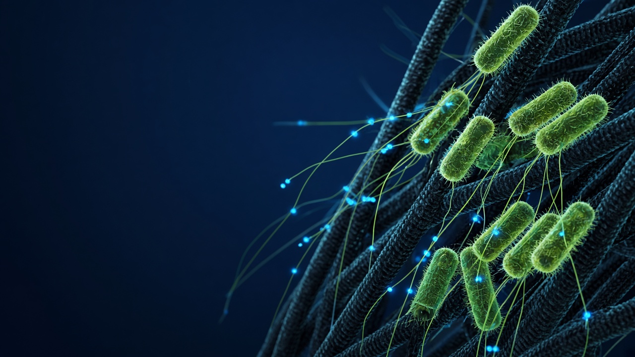 Bacteria on carbon fibres connected by conductive nanowires